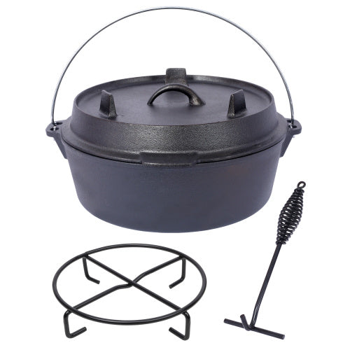 Pre-Seasoned Cast Iron Dutch Oven With Skillet Lid, Outdoor Camping Deep Pot For Camping Fireplace Cooking BBQ Baking Campfire, With Iron Pot Rack, 6 Quart