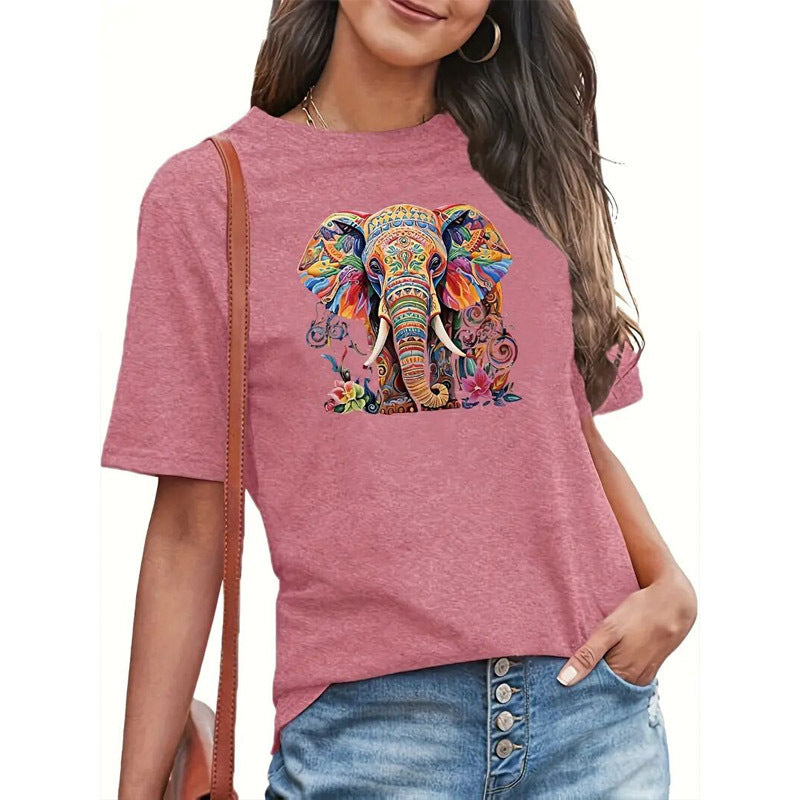 Women's Round Neck Short Sleeve T-Shirt With Colorful Elephant Print, Casual Summer Top