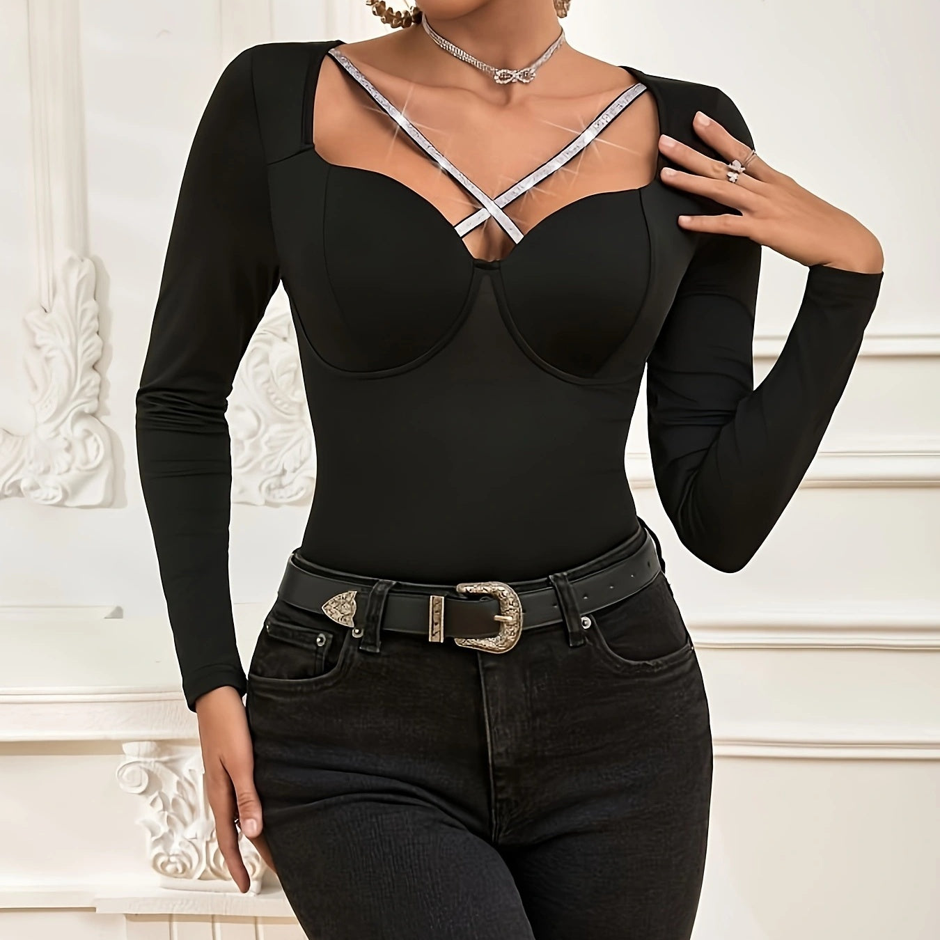 Ladies' V-neck Cross Design Slim Fit Long Sleeved T-shirt Top