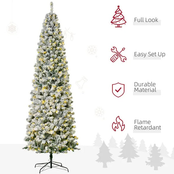 9ft Pre-Lit Snow-Flocked Slim Douglas Fir Artificial Christmas Tree With Realistic Branches, 550 LED Lights And 988 Tips