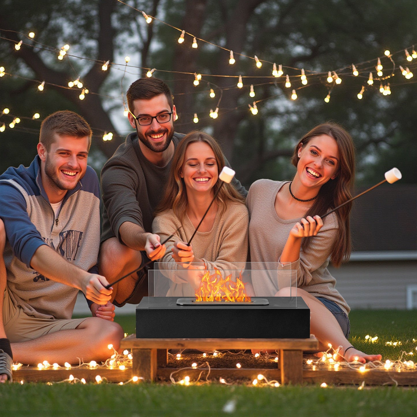 2Pack Smokeless Fire Pits With Windshield Rectangular Outdoor Firepit With Telescoping Roasting Forks & Fire Tamer Iron Body Stainless Steel Burn Chamber Black