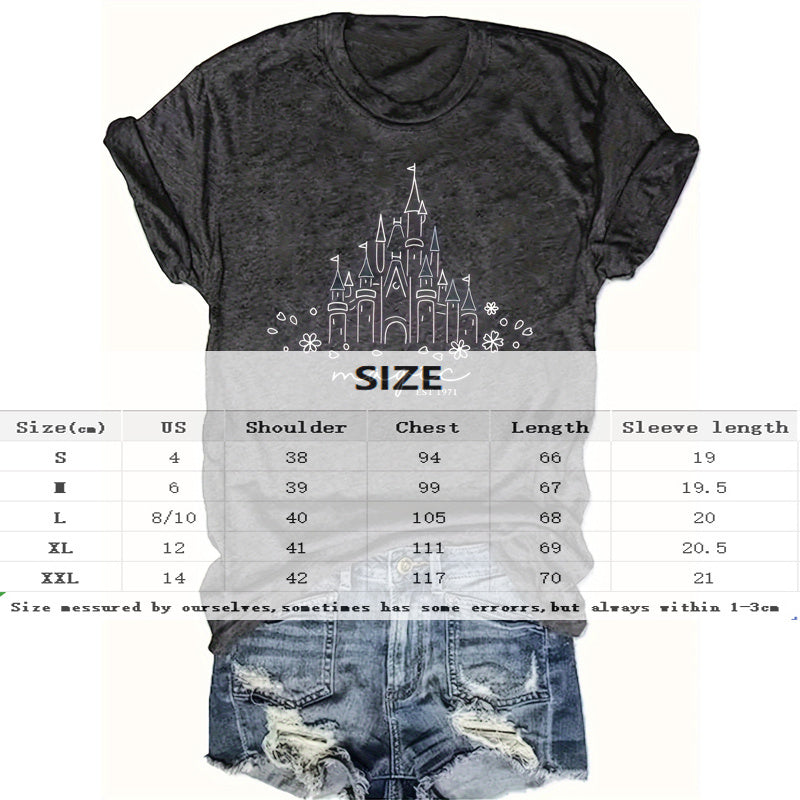 Women's Castle & Floral Print Round Neck Tee - Whimsical Summer Top