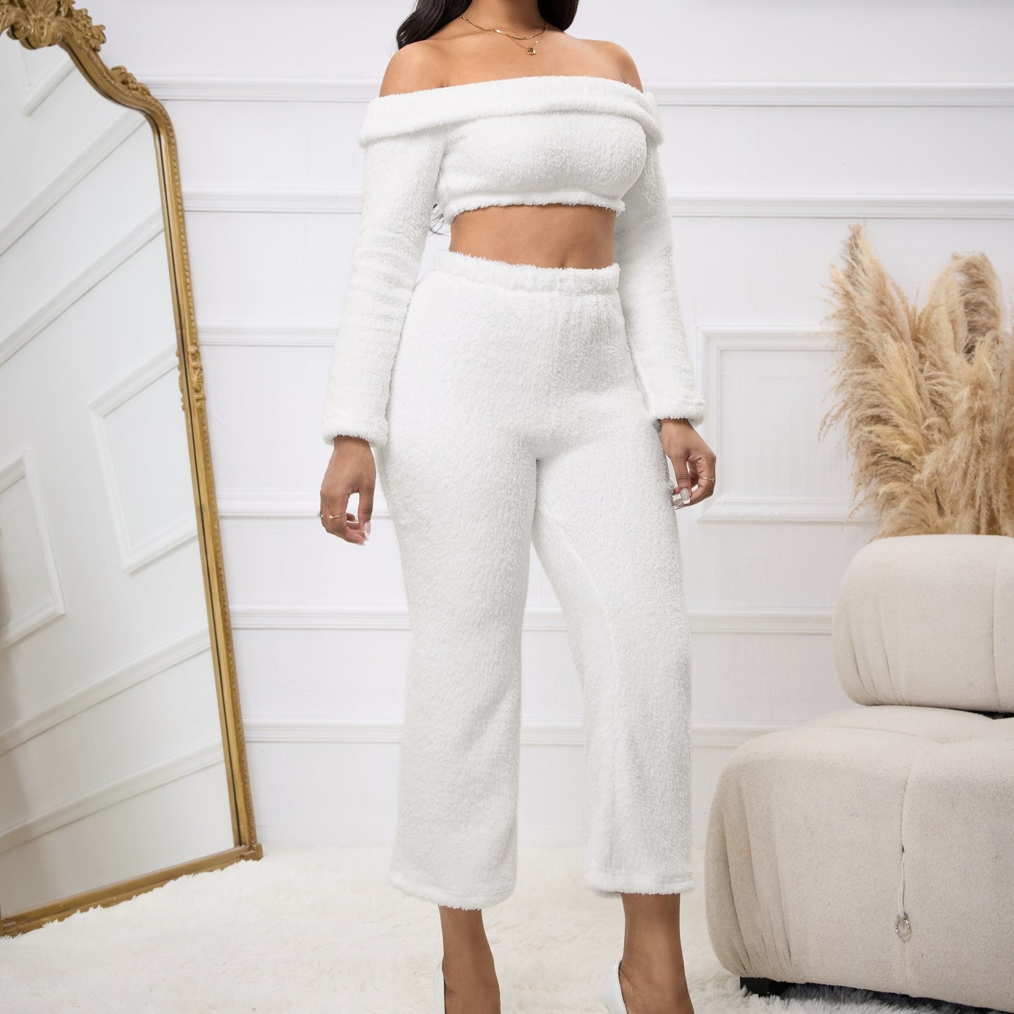 Women's One Shoulder Thick Velvet Long Sleeve Top And Loose Wide Leg Pants Autumn Winter Warm Fashion Set