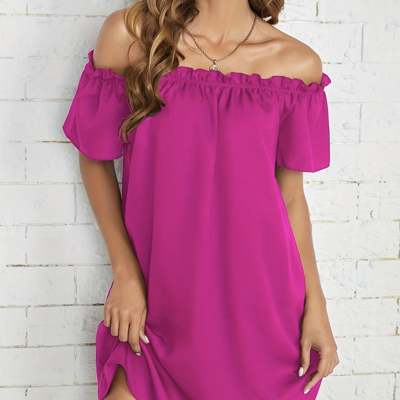 Ladies' Fashion Off Shoulder Ruffle Solid Color Decorative One Shoulder Casual Dress