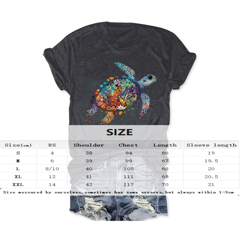 Women's Round Neck Short Sleeve T-Shirt Colorful Turtle Print Summer Casual Top
