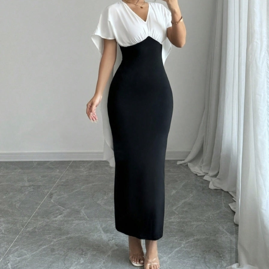 Ladies' Commuting Elegant Casual V-neck Color Block Patchwork Short Sleeved Dress