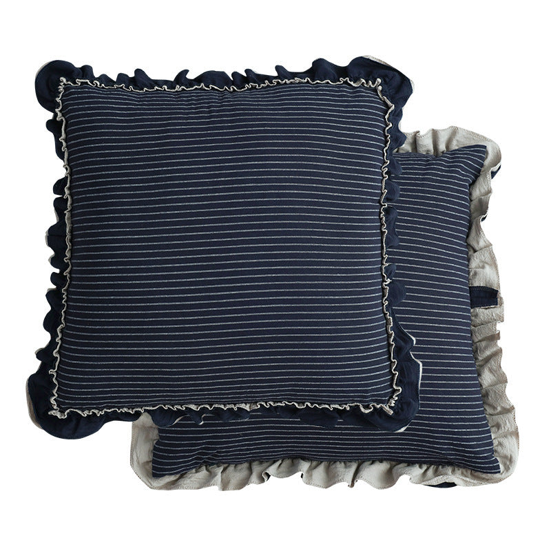 Cotton Sand-Washed Lotus Leaf Lace Sofa Pillow, Pastoral Striped British Style Sweet Sofa Waist Pillow Cushion Cotton sand-washed lotus leaf lace sofa pillow, pastoral striped British style sweet sofa