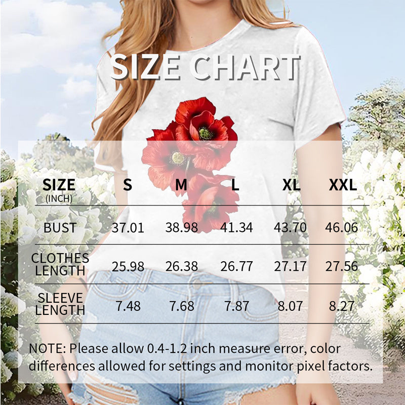 Women's Red Floral Print Round Neck Tee - Minimalist Summer Short Sleeve Top