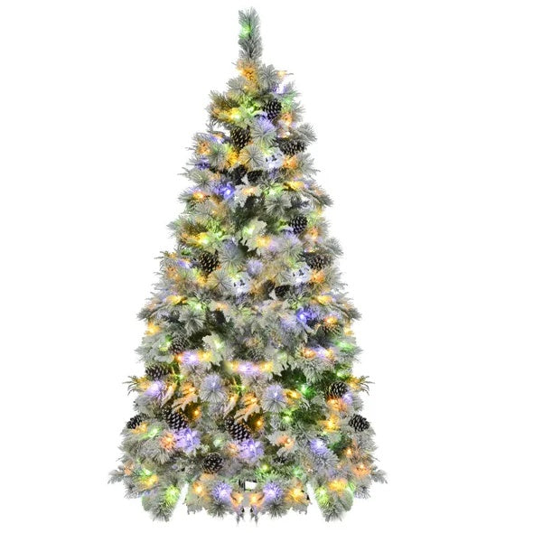 6FT Pre-Lit Spruce Snow Flocked Christmas Tree With Pine Cones, Artificial Xmas Tree With 403 Branch Tips,Mixed PE PVC Branches, 250 Multi-Color LED Lights, 11 Flashing Modes, Holiday Decor