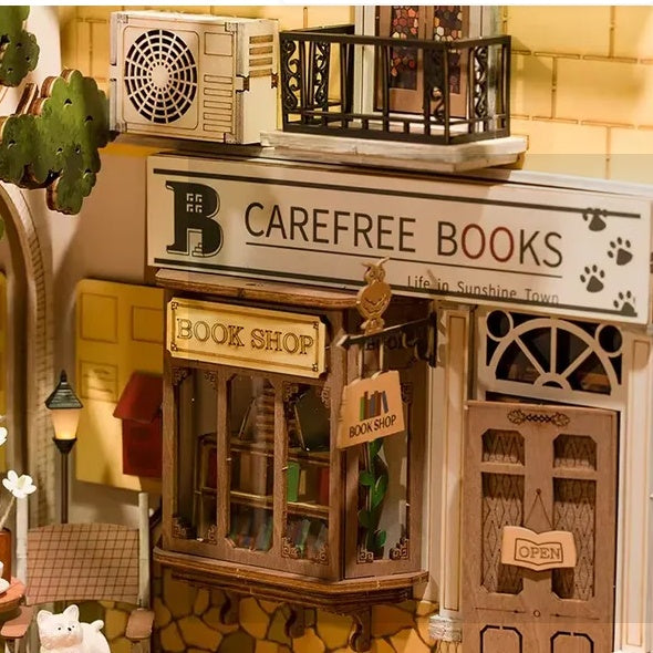 Rolife DIY Book Nook Kit Sunshine Town DIY Miniature Booknook Kit Creative Decorative Bookend Bookshelf Insert 3D Puzzles For Adults, Halloween Christmas Decorations Gifts