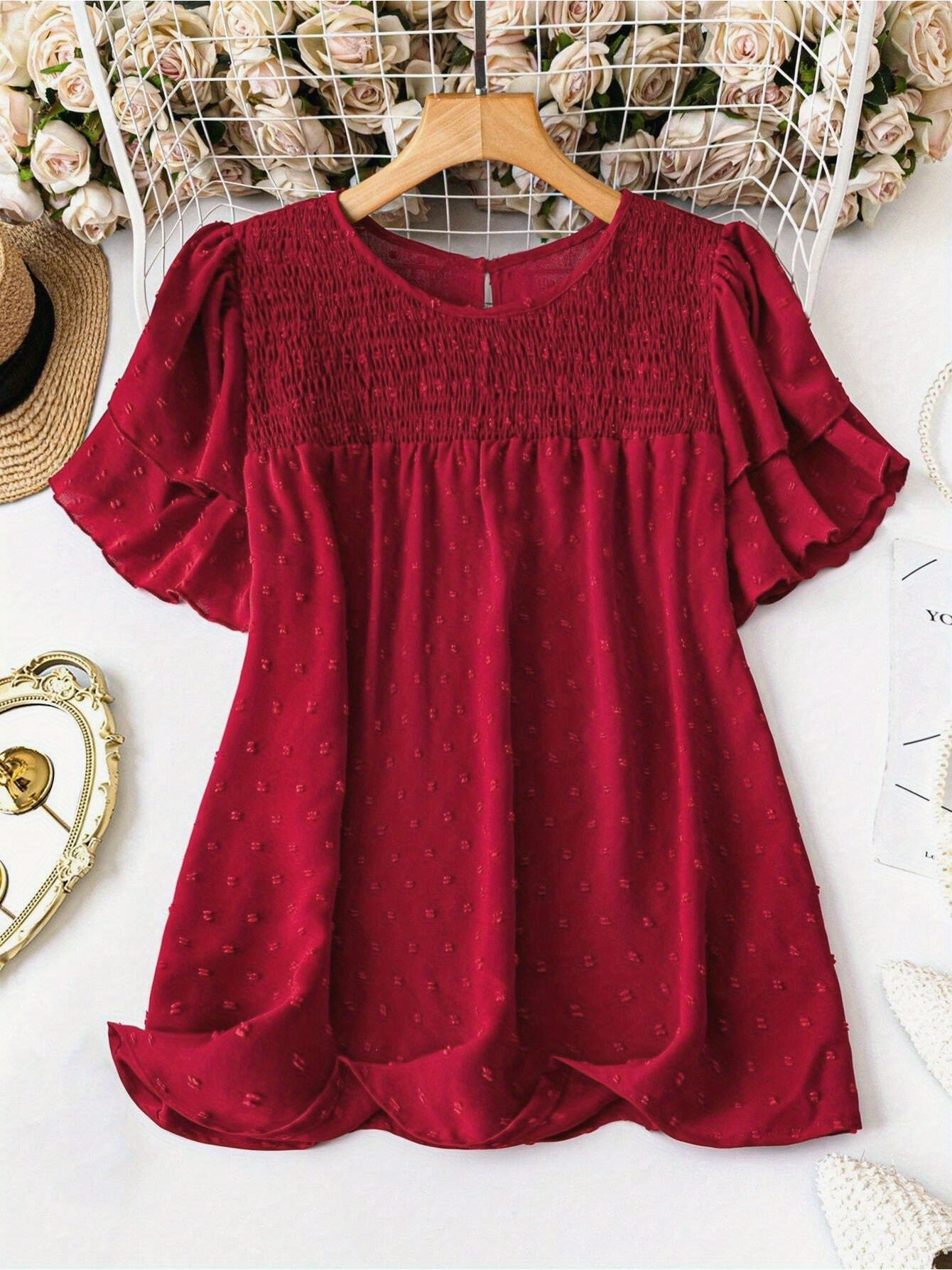 Women's Plus Size Swiss Polka Dot Shirt Summer Round Neck Short Sleeved Outdoor Casual Blouse Top