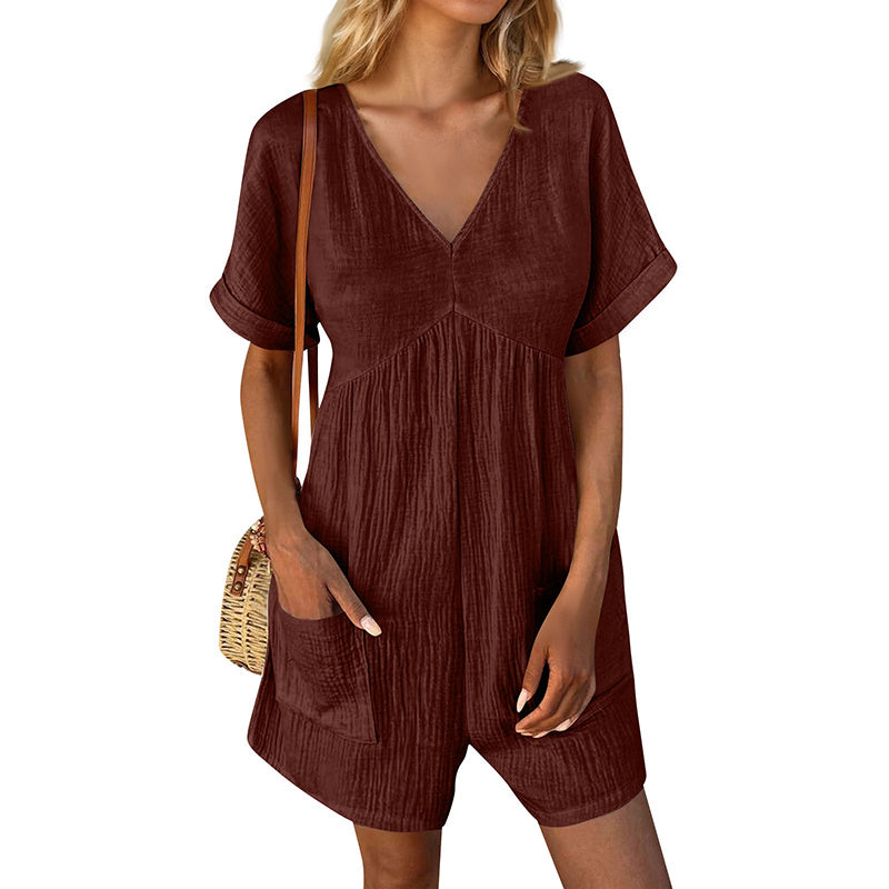 Womens Summer Romper Casual Short Sleeve V Neck Short Jumpsuits With Pockets