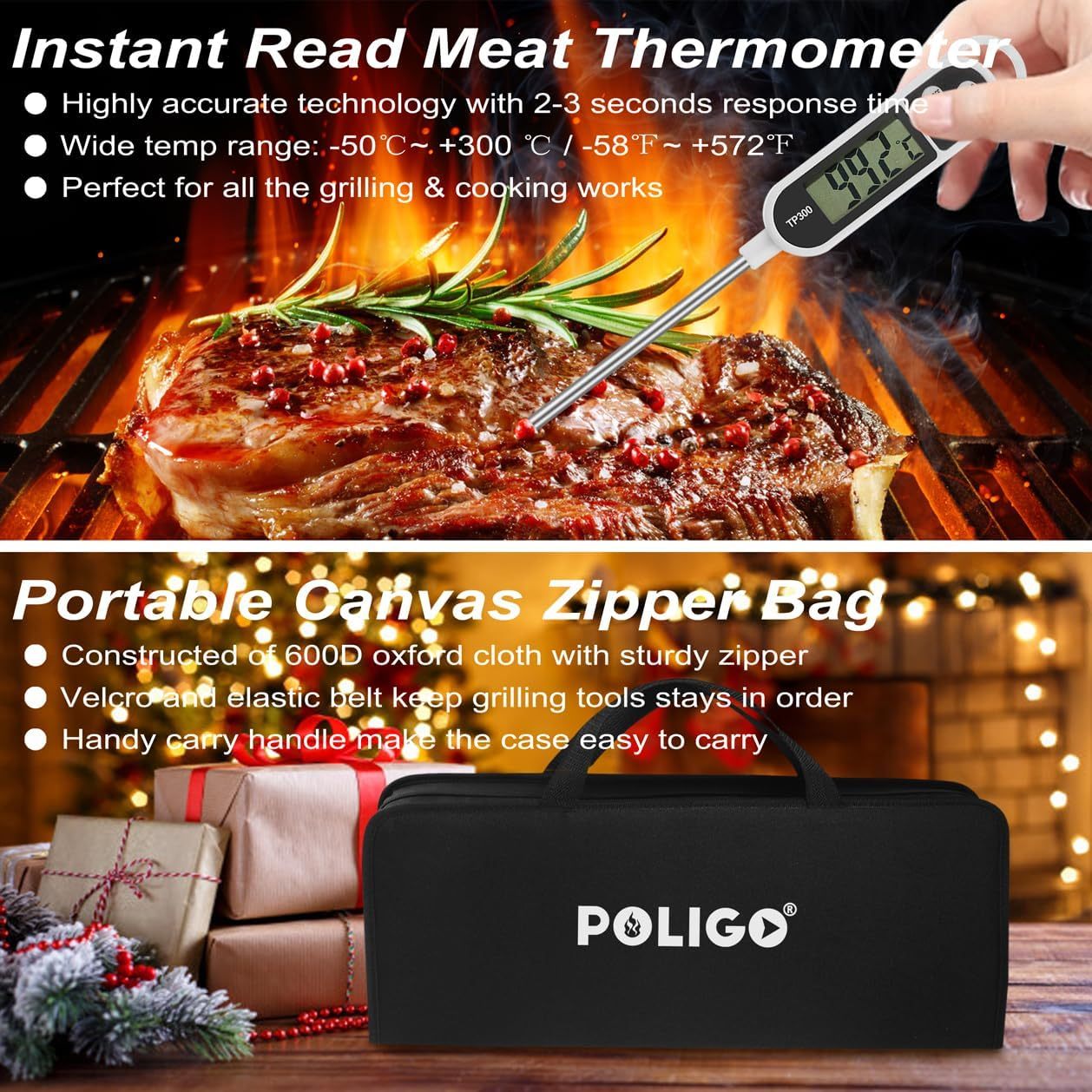 POLIGO 29 PCS BBQ Grill Accessories Stainless Steel BBQ Tools Grilling Tools Set With Storage Bag For Fathers Day Dads Birthday Presents - Camping Grill Utensils Set Ideal Grilling Gifts For Men Women