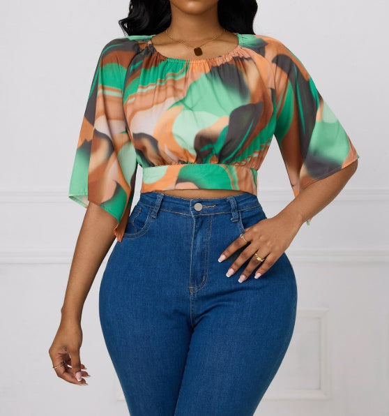 Ladies' Round Neck Printed Waist Cinched Shirt Top