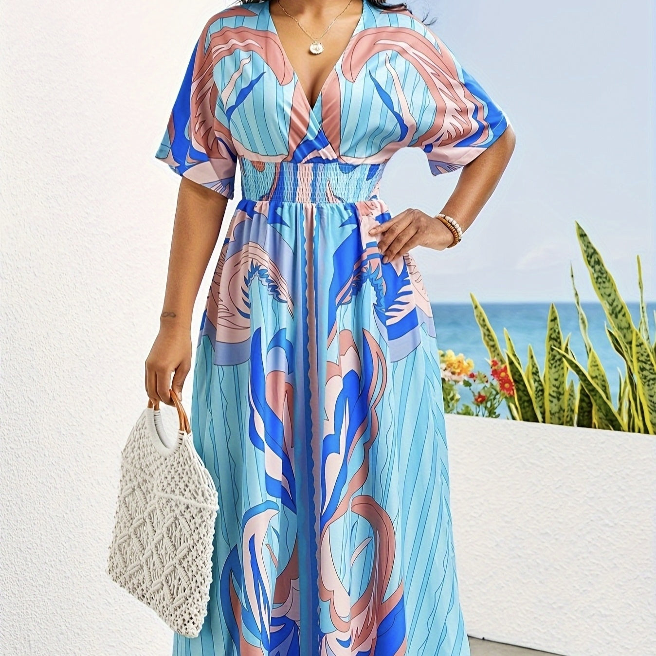 Ladies' Painted Drawing V-neck Waist Cinched Pleated Printed Dress