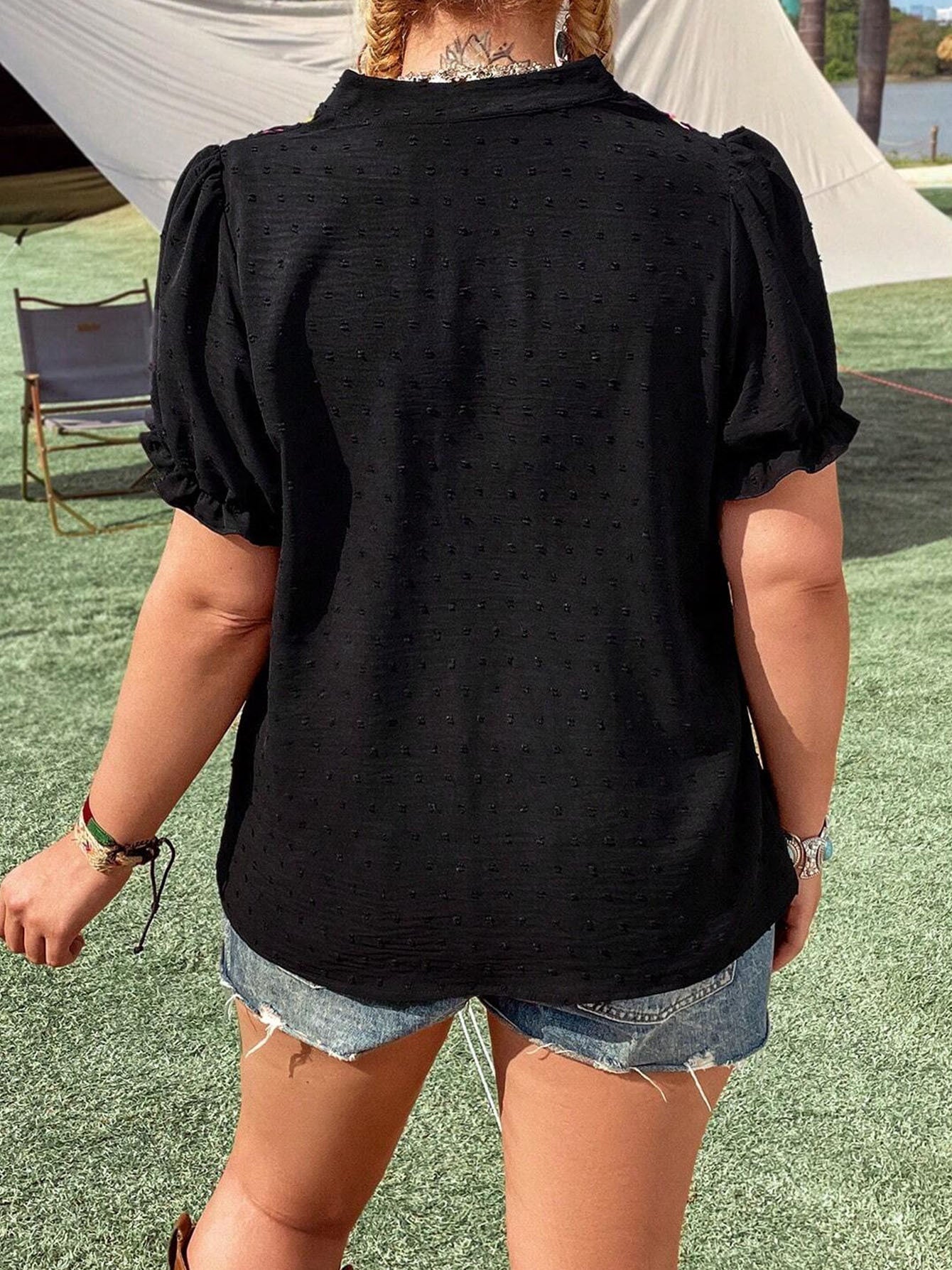 Women's Plus Size Floral Embroidery Summer Casual Short Sleeve V-Neck Swiss Dot Blouse Top