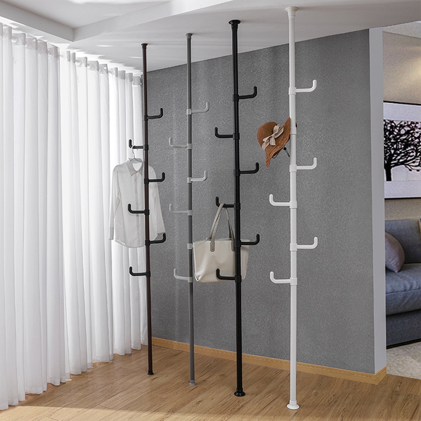 Extra Long Clothes Hanger With The Top Relying On The Ceiling And Nuclear Floor, Coat Rack Freestanding With 6 Hooks