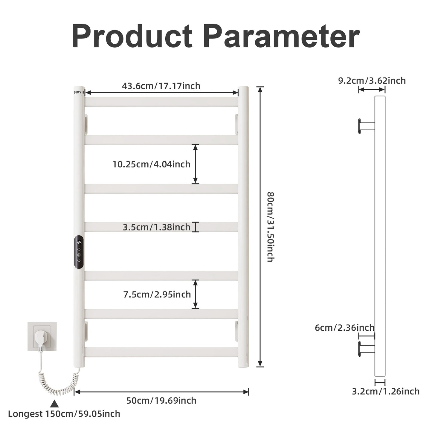 SIOYIE Towel Warmer Bathroom Wall Mounted 6 Bars Electric Towel Drying, 150 W 500 800 MM Heated Towel Rack With Intelligent Touch Screen Timer And Temperature Control White Left