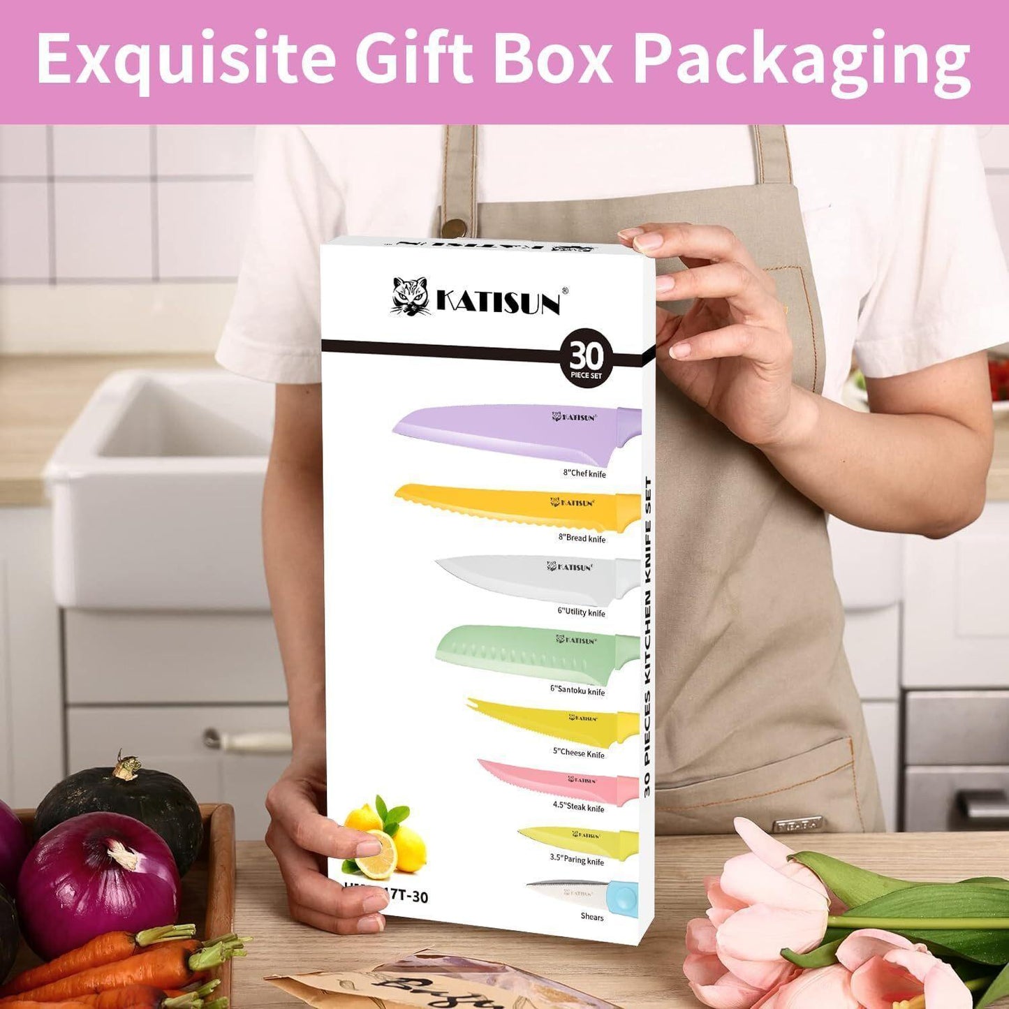 Color-coded Stainless Steel 30-piece Knife Set With Kitchen Cutting Board And Scissors, Rust-resistant And Dishwasher-safe