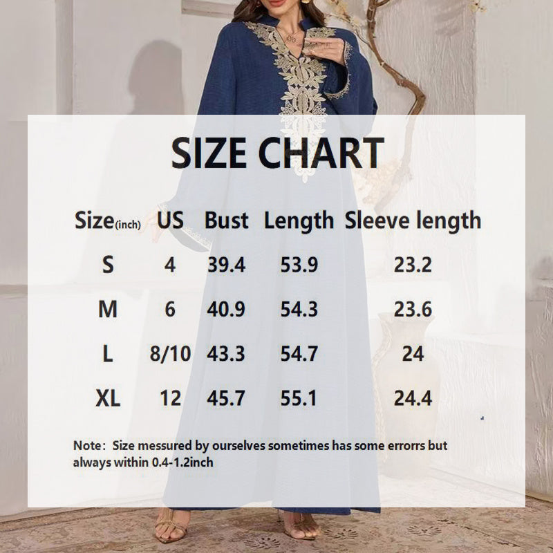 Women's Bohemian Embroidered Maxi Dress - V-Neck Long Sleeve Flowy Kaftan With Ethnic Embroidery, Loose Fit Vintage Dress