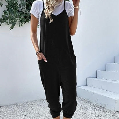 Women's Solid Color Spaghetti Strap Double Pocket Vest Without T-shirt Jumpsuit