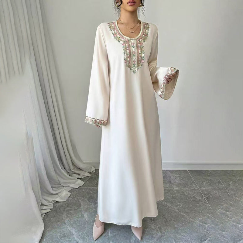 Women's Middle Eastern Embroidered Maxi Dress - Round Neck Long Sleeve Flowy Kaftan With Exquisite Embroidery, Loose Fit