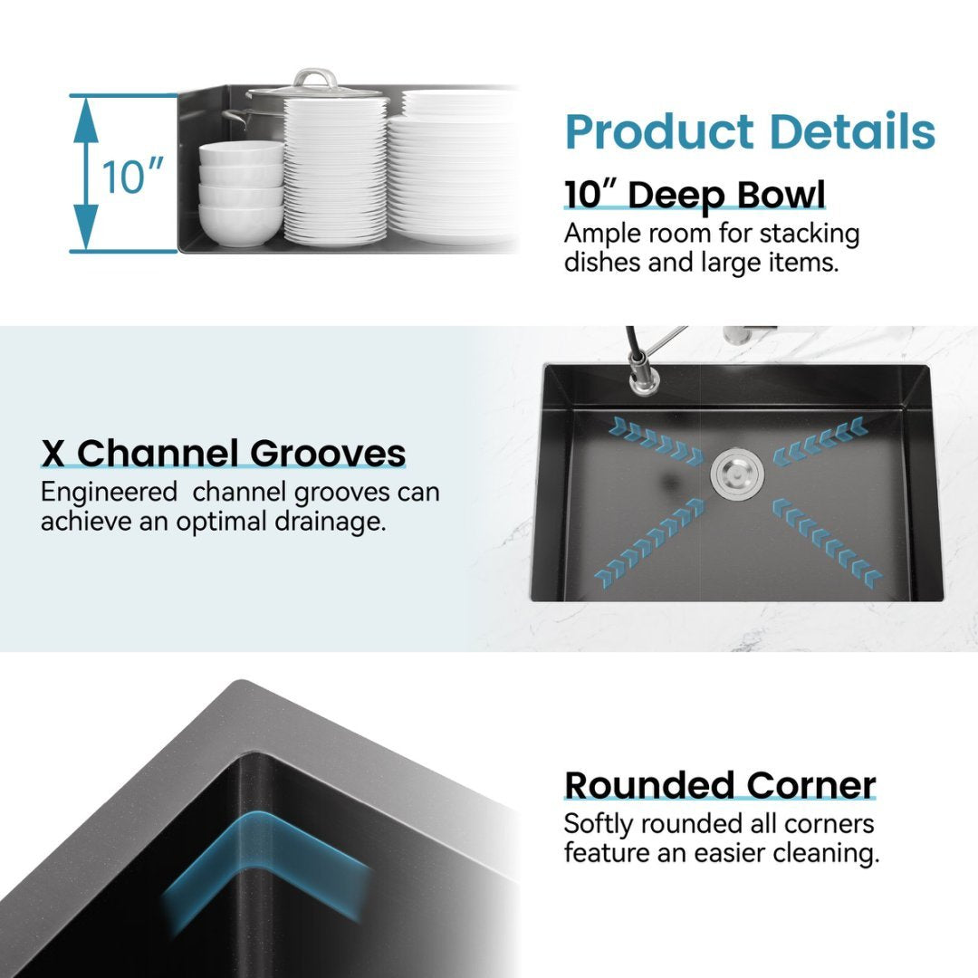 Stainless Steel Kitchen Sink, Single Bowl, Undermount HandmadeSink In Black, With US Standard Drain And Hook, SS-BL-05