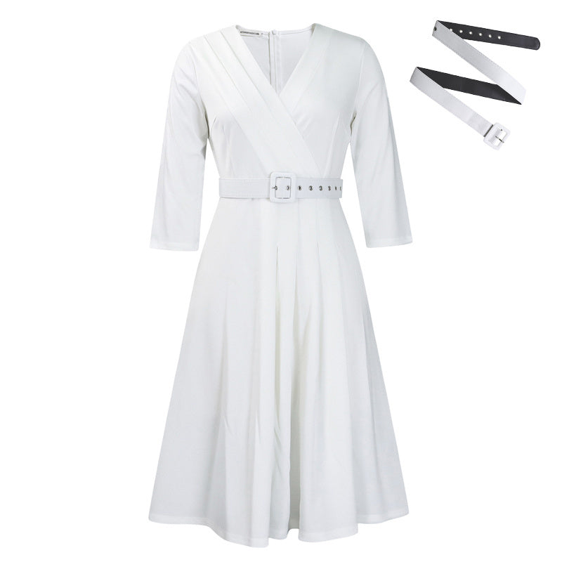 Women's Elegant V-Neck Cross-Wrap A-Line Dress With Belt & Ruffled Hem - Office & Casual Solid Dress For Spring&Summer