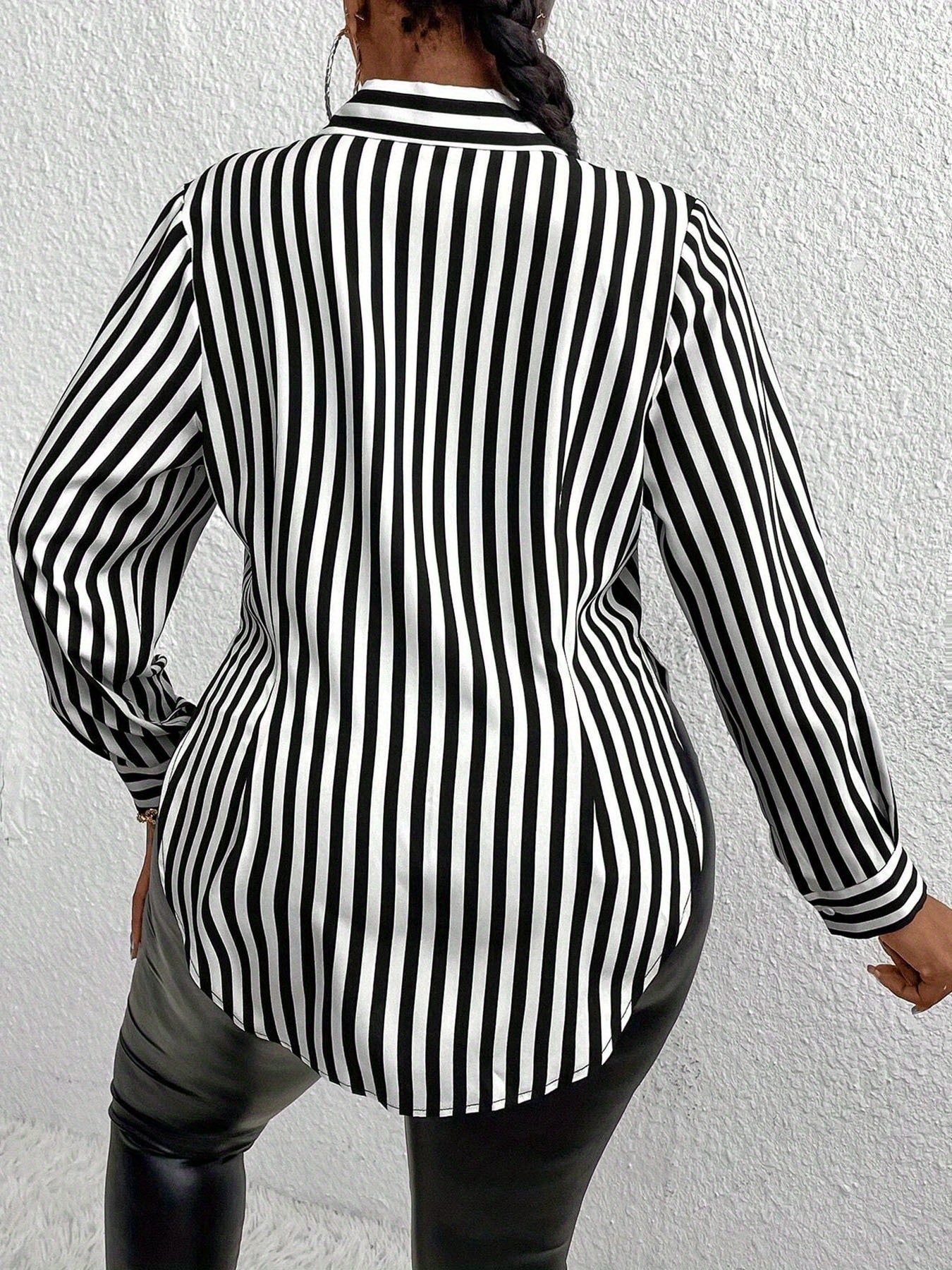 Women's Plus Size Side-Slit Striped Shirt - Spring And Summer Long Sleeve Button-Down Collar Top