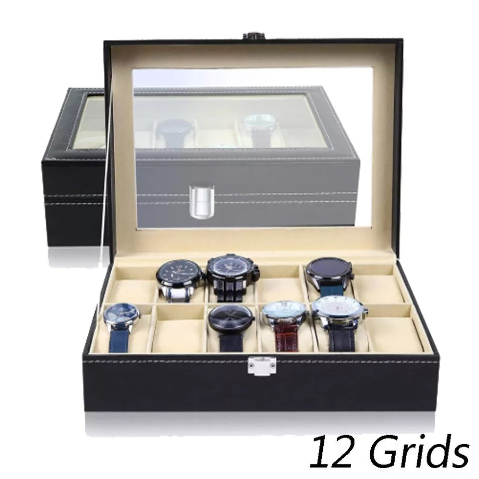 Watch Display Grid Box Lockable Case Faux Leather Jewellry Storage Organiser
