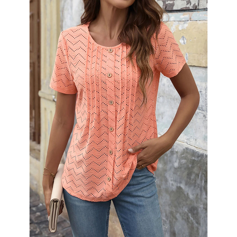 Women's Summer Pleated Button Short Sleeve T-Shirt Summer Crew Neck Solid Color Casual Top