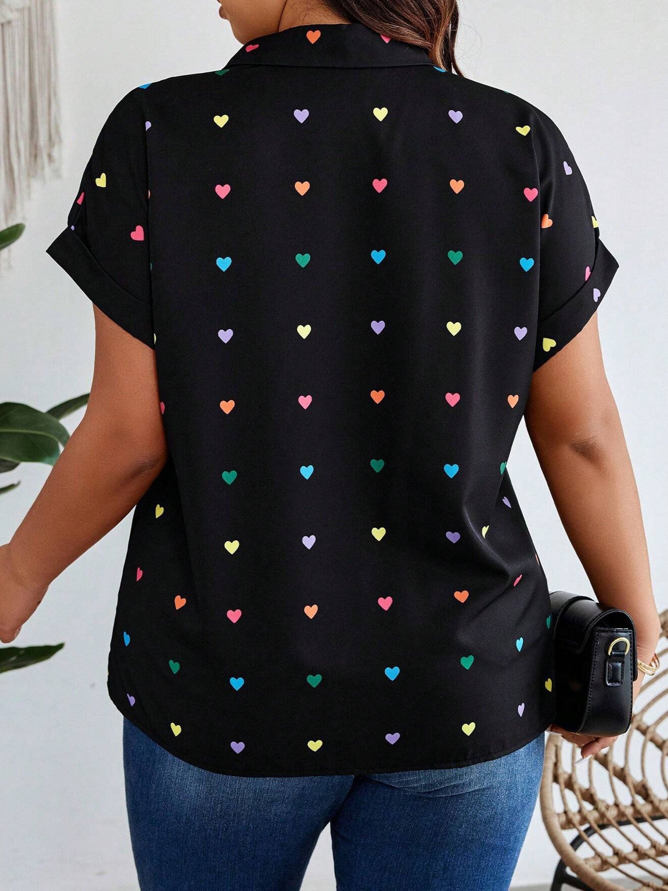 Women's Plus Size Heart Print Button-Down Shirt - Summer Casual Short Sleeve Outdoor Top