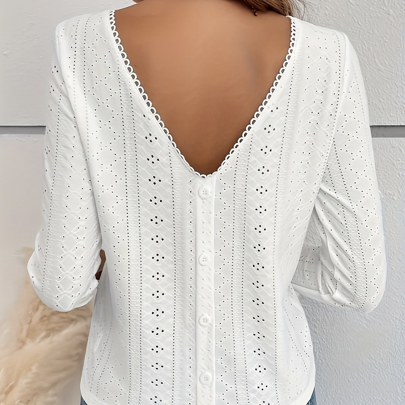 Women's New Spring And Autumn Eyelets Embroidered Button Back Design T-shirt