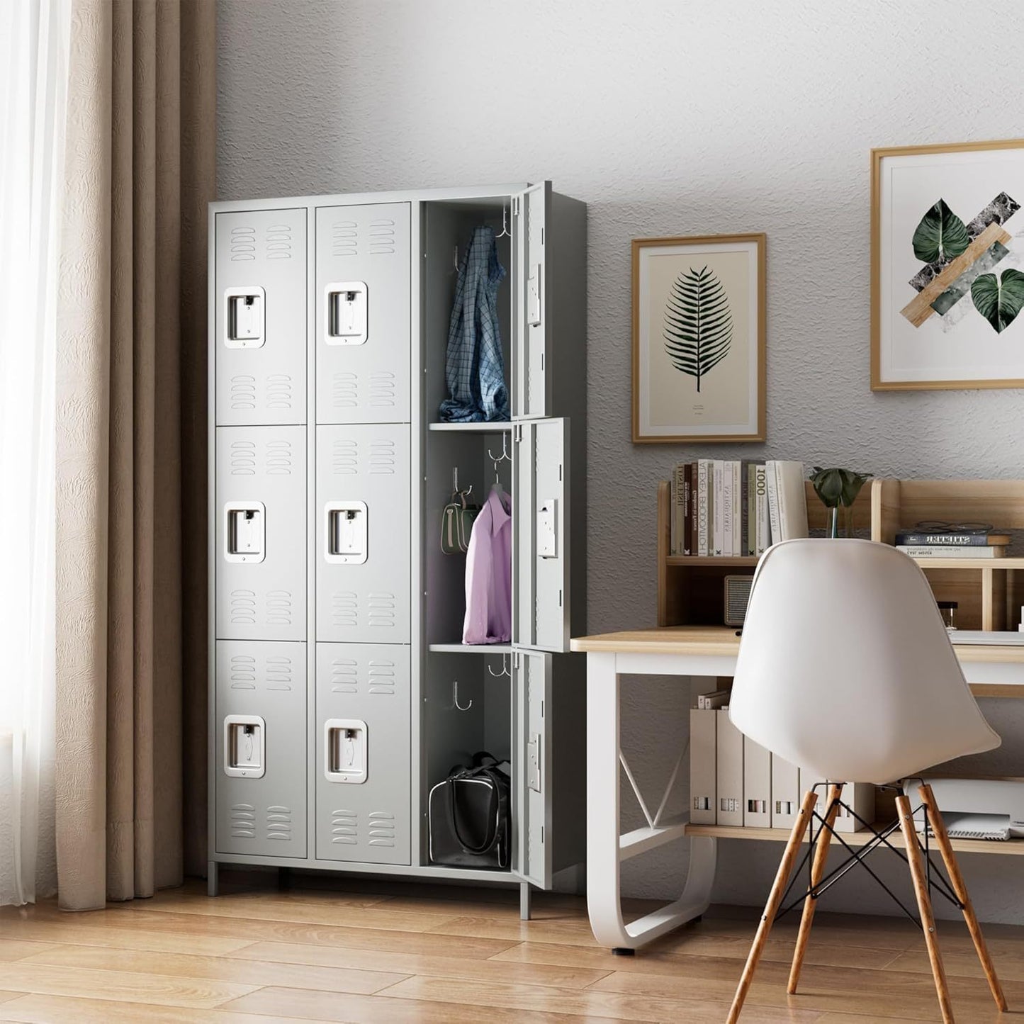 Metal Lockers For Employees With Lock,Metal Storage Locker With 9 Doors & 27 Hooks For School Office Gym Garage Bedroom,Assembly Required,9 Doors Light Grey