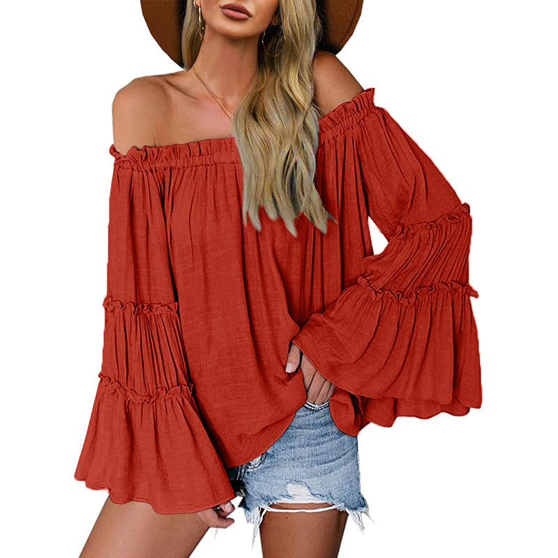 Women's Off Shoulder Blouse Long Flared Bell Sleeve Casual Loose Fit Top