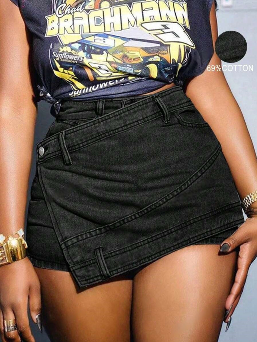 Grunge Punk Street New Vintage Stretchy Overlap Waist Wrap Asymmetric Hem A-Line Skinny Denim Skorts Halloween Clothes Jeans