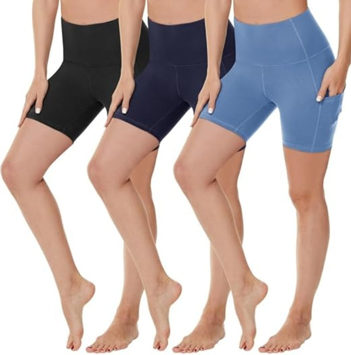 Yoga Pants - 3 Pairs Of Three-point High-waisted Black, Zhangqing, Light Blue