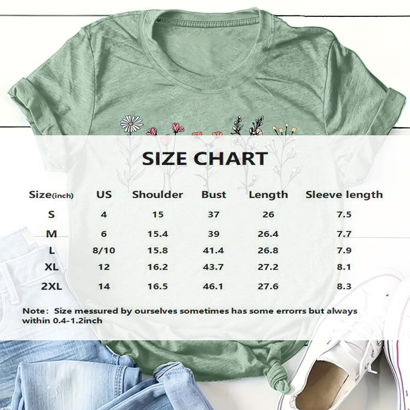 Women's Round Neck Short Sleeve T-Shirt - 5 Flower Patterns Casual Summer Top