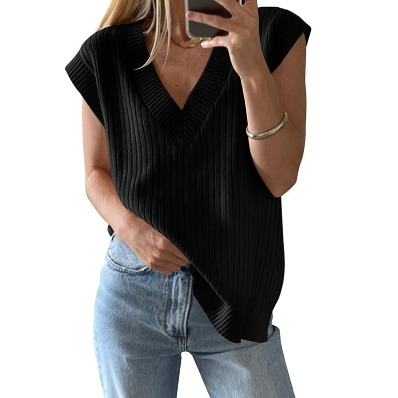 Womens V Neck Sweater Vest Oversized Ribbed Knit Sleeveless Casual Loose Fit Pullover Tank Top