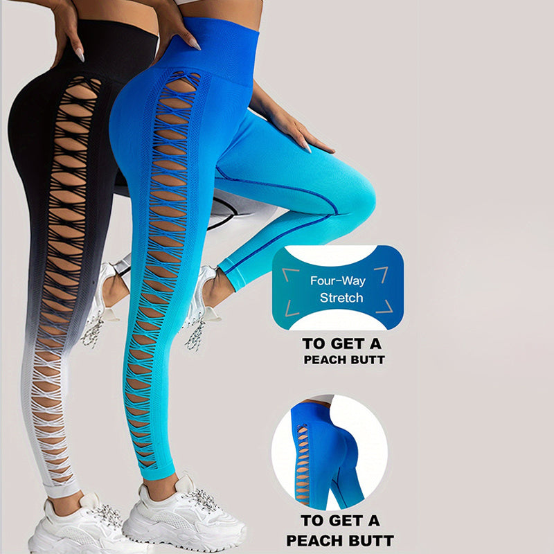 2 Pack Cut Out Ombre Gradient Color Hollow High-waist Butt-lifting Fitness Women's Yoga Pants, Women's High Waist Yoga Pants Cutout Ripped Super Soft And Comfortable Skinny