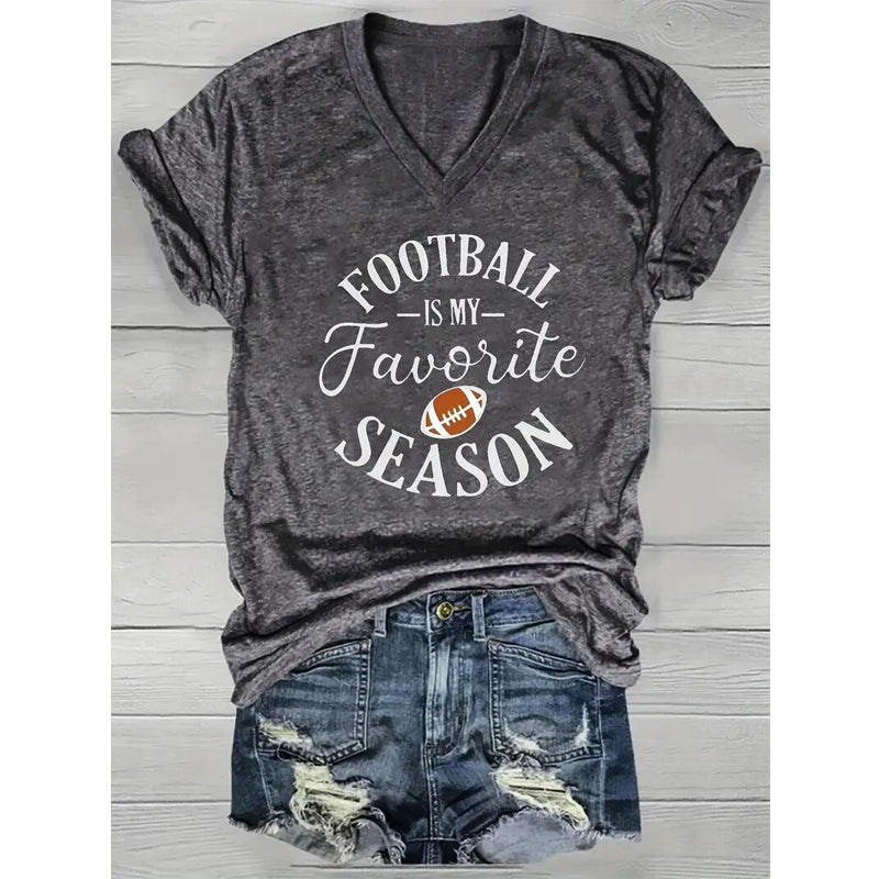 Women's V-Neck Short Sleeve T-Shirt With Letter & Football Print, Casual Summer Tee