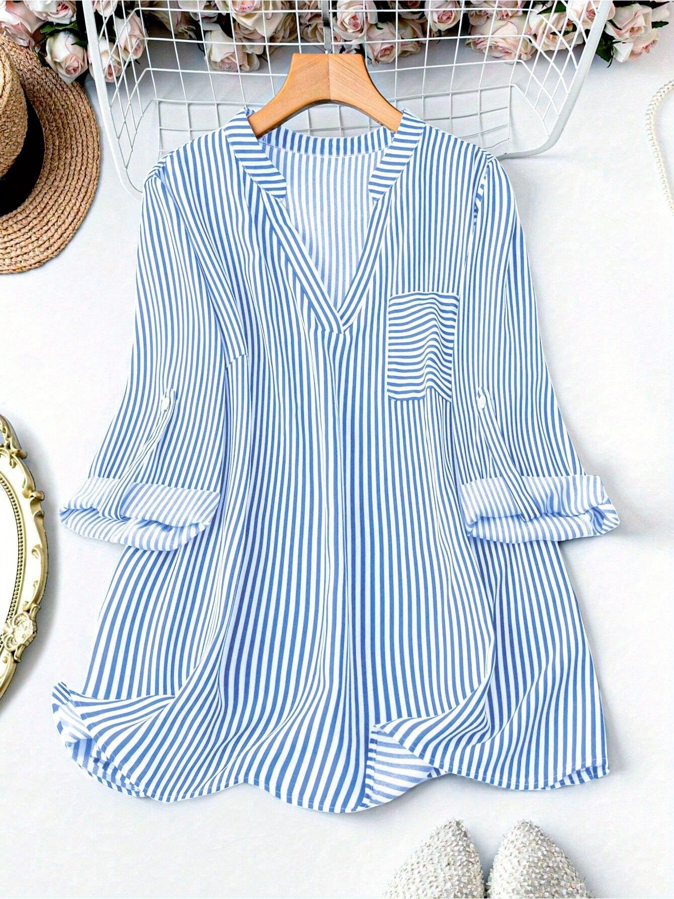 Women's Plus Size Casual Striped Shirt - Summer V-Neck Three-Quarter Sleeve Outdoor Top With Pockets