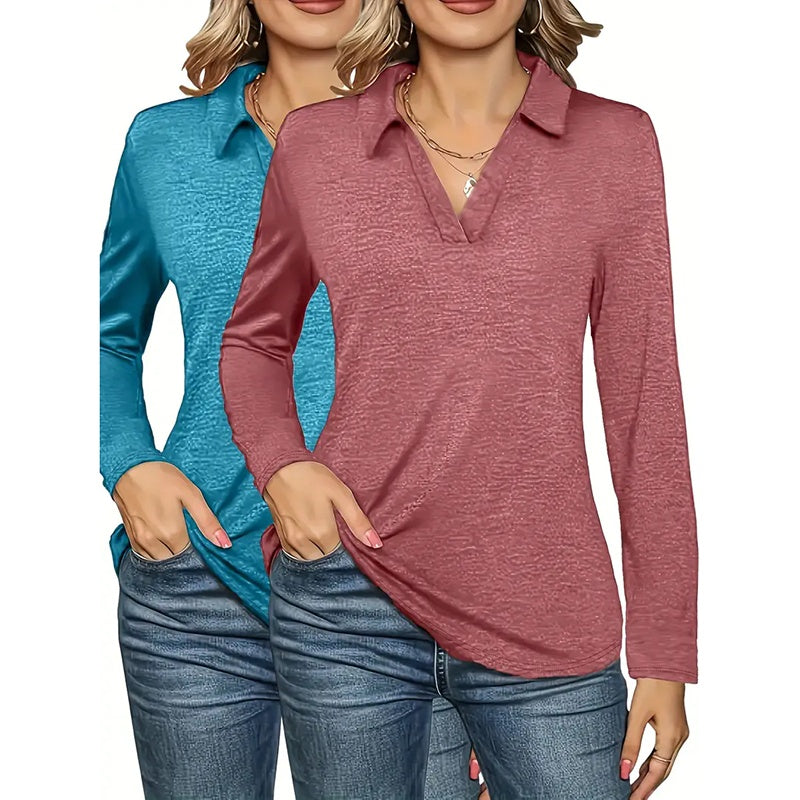 2 Packs Womens Polo Shirts Long Sleeve Business Casual Tops Collared V Neck Basic Tees Blouse