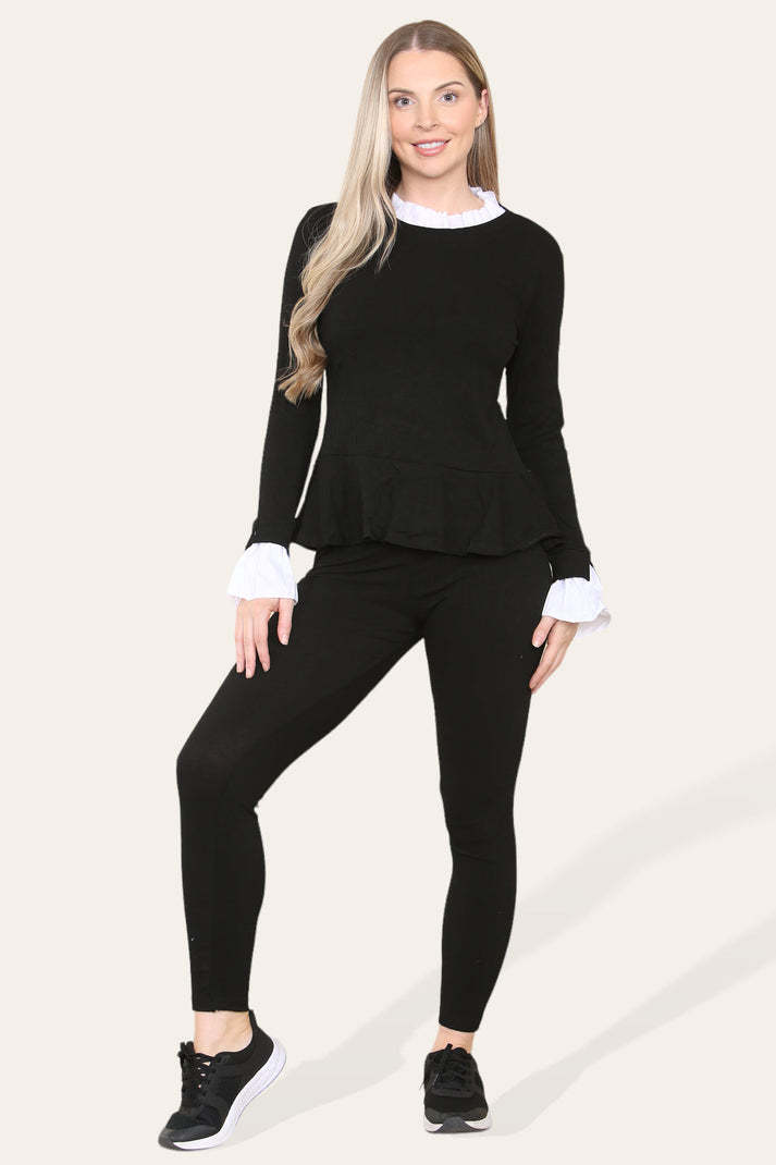 Peplum Frill Neck Suit Pleated Lounge Wear Set