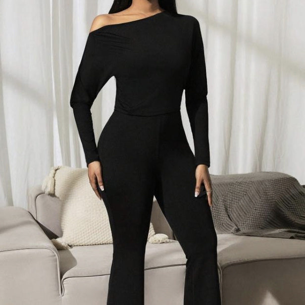 Ladies' Solid Color Fashionable And Elegant Autumn And Winter Long Sleeved Off Shoulder Jumpsuit