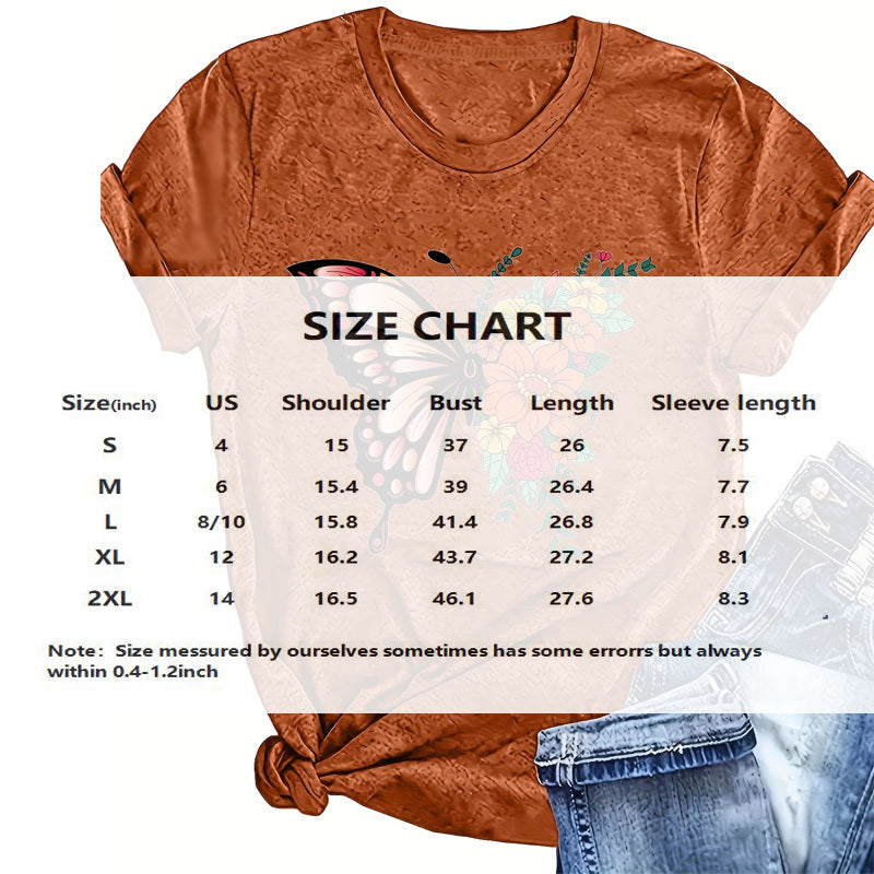 Women's Butterfly Wing & Floral Print Round Neck Tee - Summer Bohemian T-Shirt