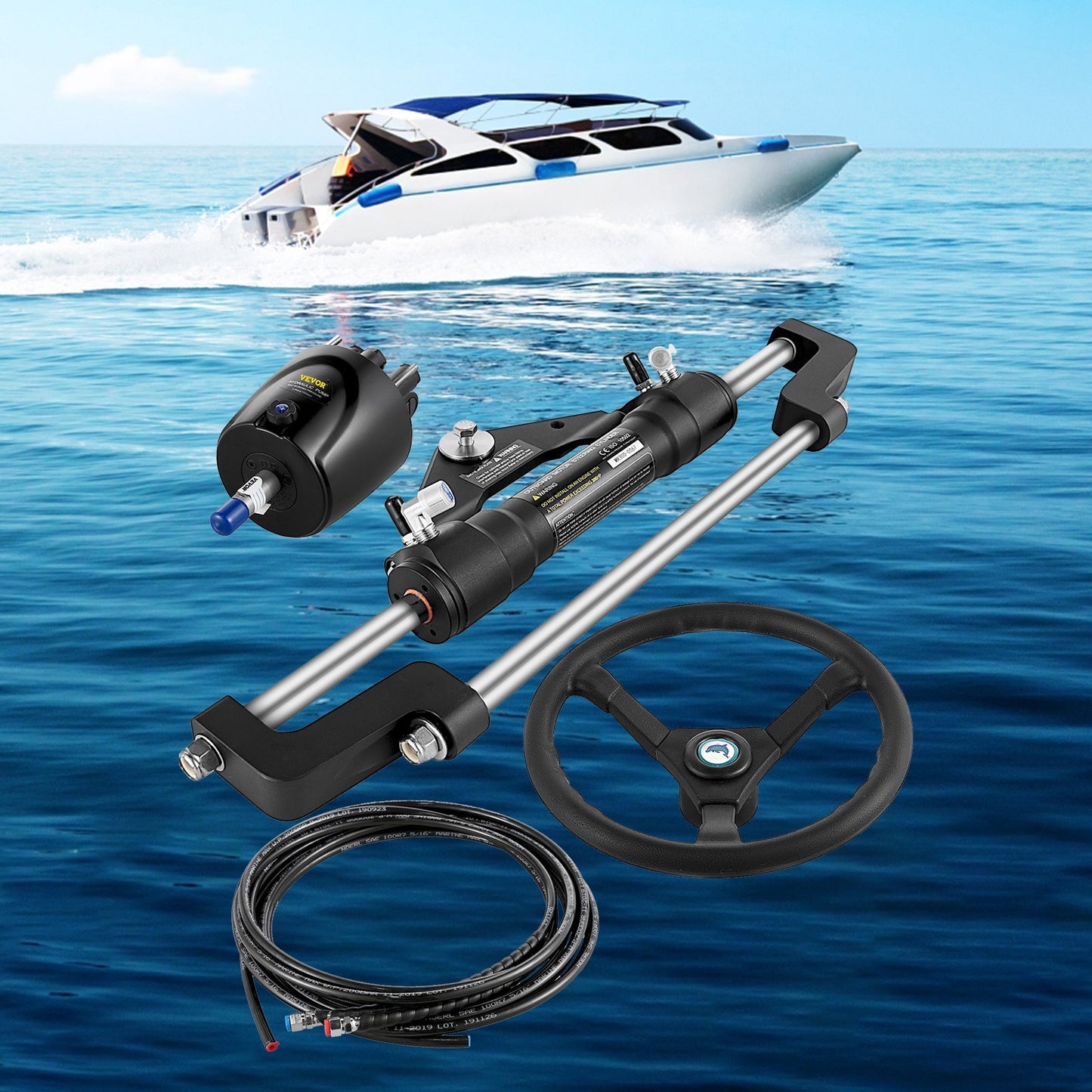 Hydraulic Boat Steering Kit, 300HP Hydraulic Steering Kit Helm Pump, Hydraulic Outboard Steeing Kit With 14 Feet Hydraulic Steering Hose For Boat Steering System