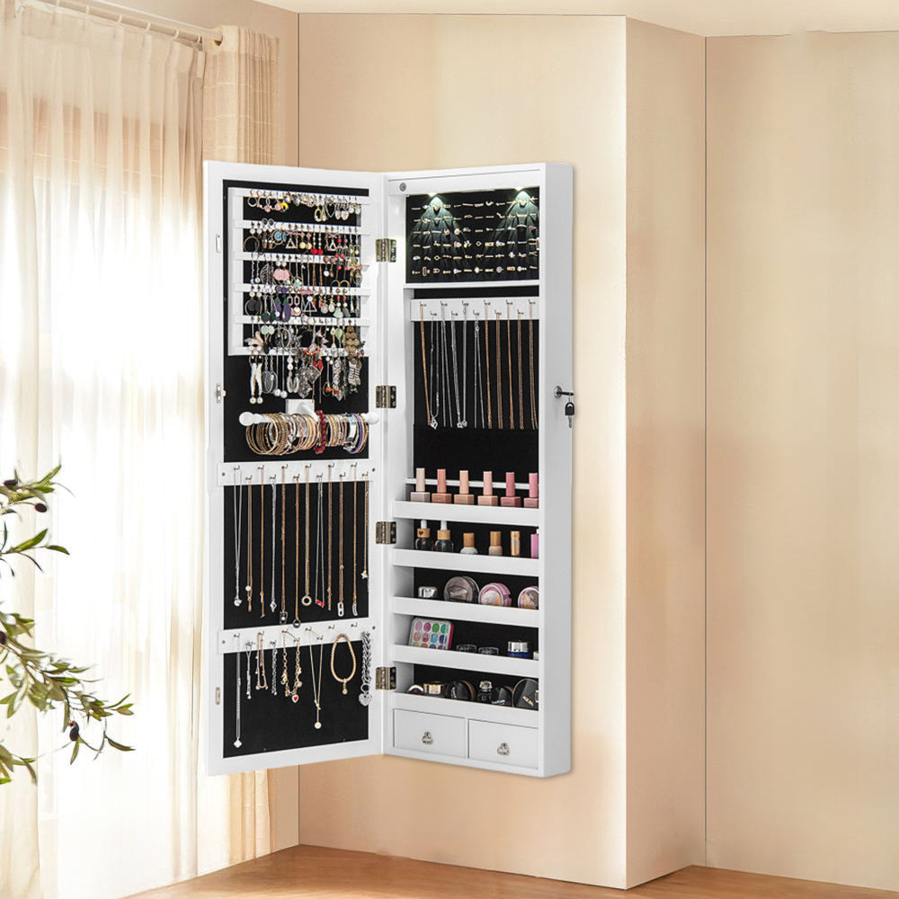 Lockable Wall Mount Mirrored Jewelry Cabinet With LED Lights