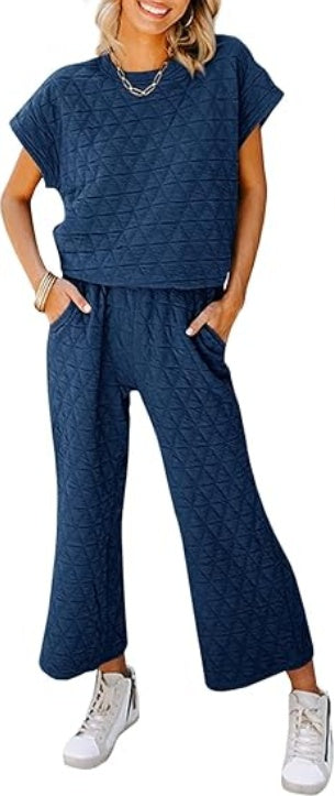 Fazortev Women's 2 Piece Outfits Quilted Lightweight Short Sleeve Tops And Cropped Pants Lounge Set