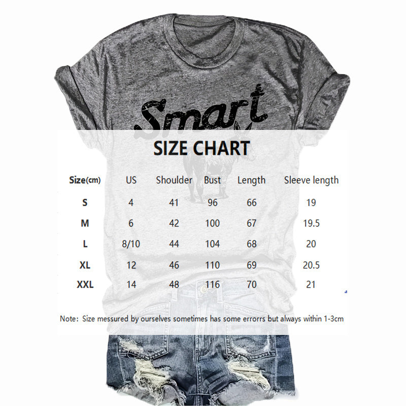 Women's Round Neck Short Sleeve T-Shirt - Donkey & 'SMART' Letter Print Casual Summer Top